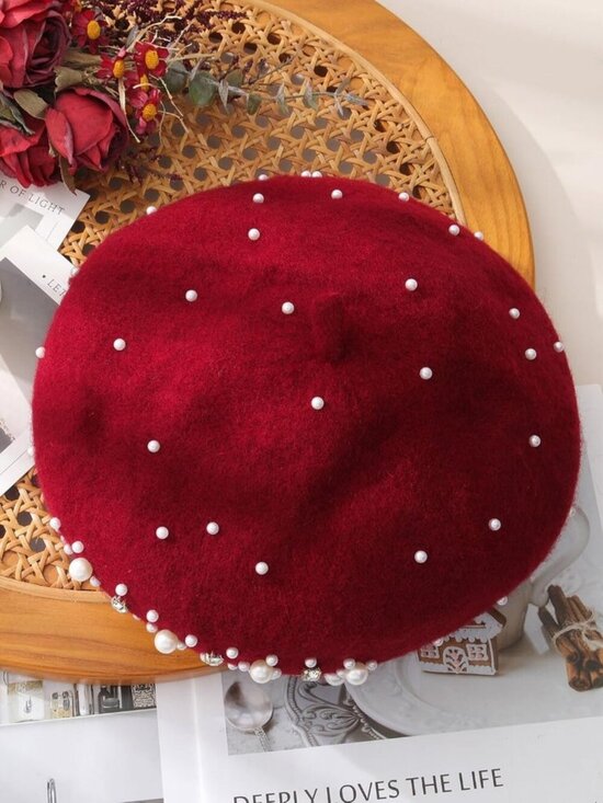 Women\'s Classic French Wool Beret Pearl & Rhinestone Embellishment Hat Burgundy main image 5
